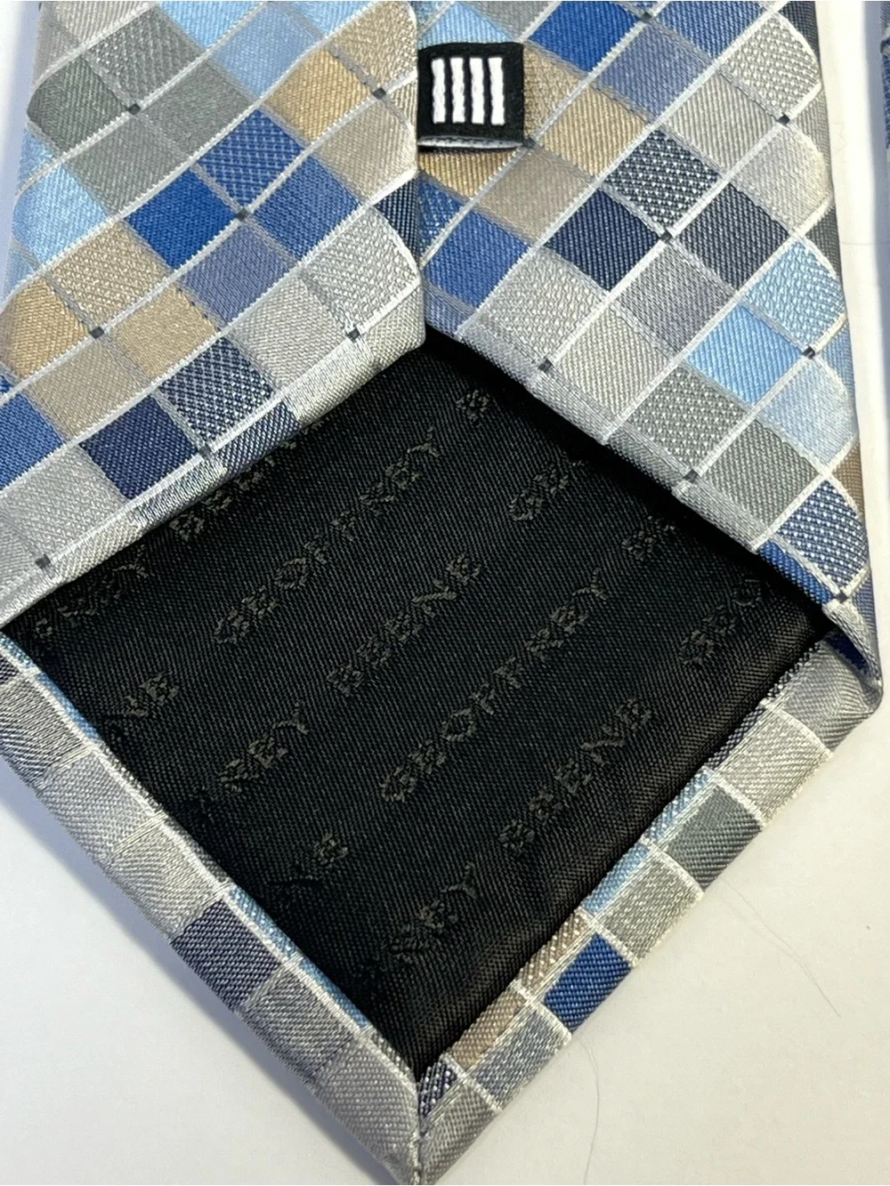 Geoffrey Beene Plaid Check Woven Men’s Tie Blue Gray Tan Polyester Geometric